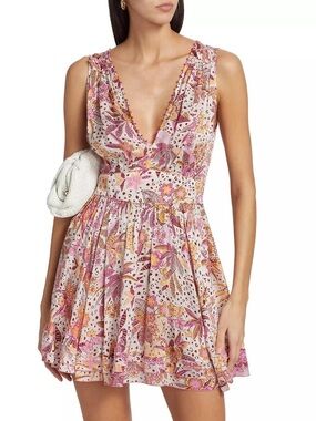 Poupette St Barth Mini Dress Bessie Pink White Floral - Size Small